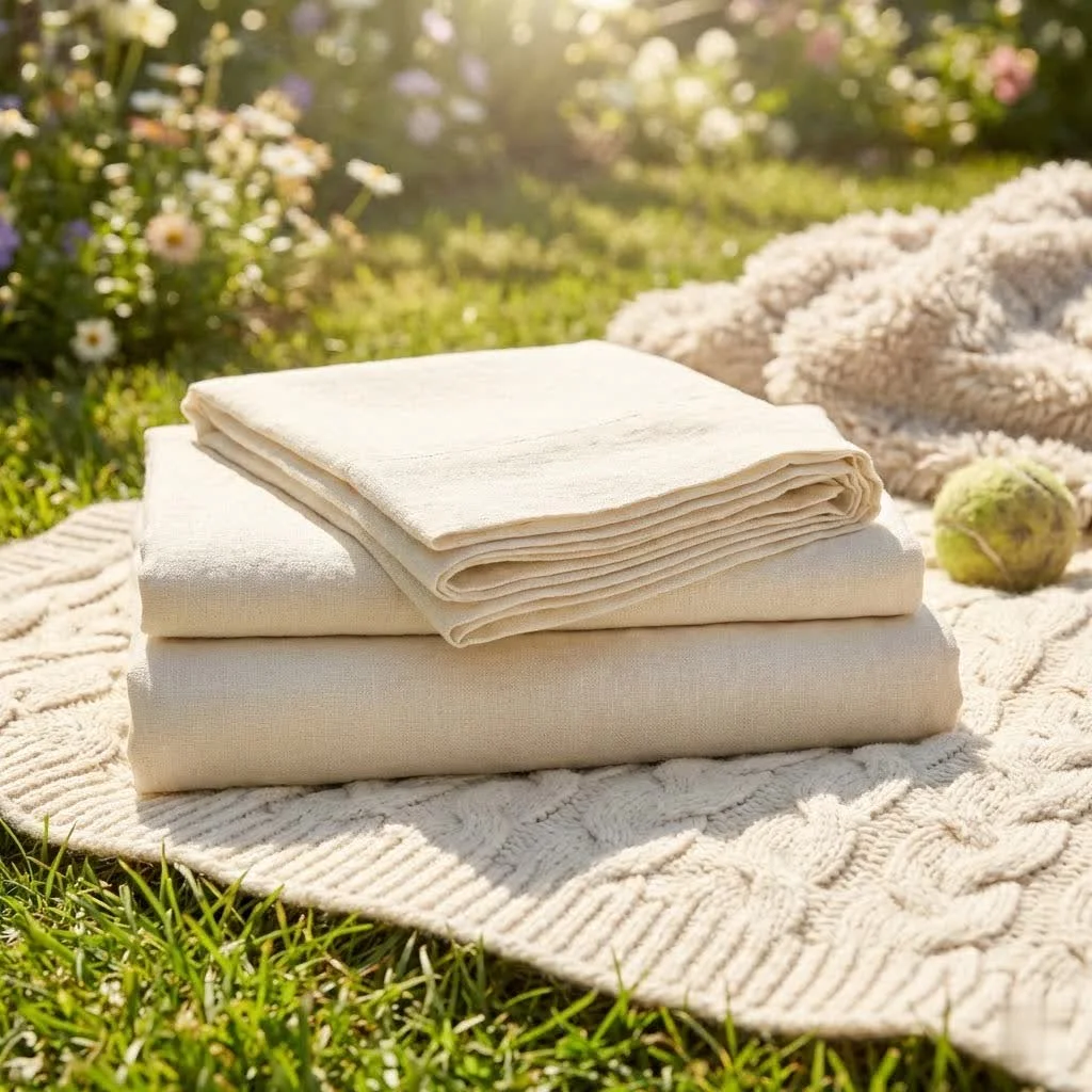 Assortment of neatly folded bed sheets in various fabrics and colors